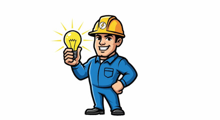 Smiling electrician mascot with bright idea holding lightbulb, perfect for energy, innovation, or electrical services campaign, showcasing expertise and solutions