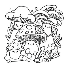Whimsical Mushroom Scene &ndash; Smiling Cartoon Fungi with Flowers and Leaves, Black and White Line Art Vector for Nature and Kids Themes