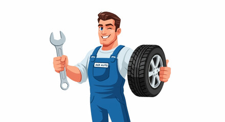 Friendly mechanic winking with tire and wrench offering auto repair, perfect for automotive ads, car service promotions, or transportation safety campaigns