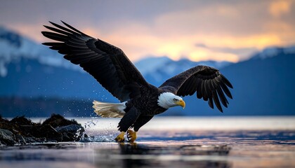 Fototapeta premium A majestic bird of prey takes flight from the water, silhouetted against a mountain range and a colorful sunrise