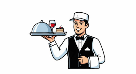 Elegant waiter serving wine and dessert with a smile, perfect for illustrating restaurant services or promoting special dining experiences
