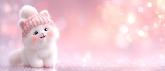 Obraz premium A white cat wearing a pink hat is sitting on a pink background