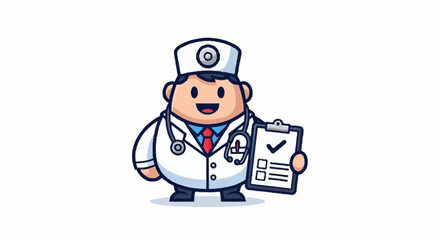 Cheerful cartoon doctor holding clipboard with checkmark for kids health campaign or medical education materials, promoting wellness and healthcare for all