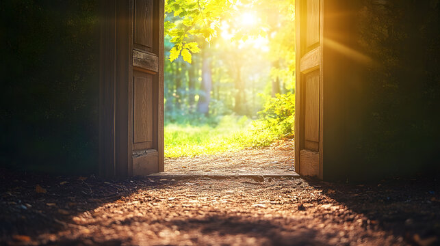 Open door revealing a bright new world, symbolizing opportunity, hope, growth, change, and fresh beginnings.