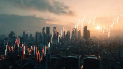 Dynamic Stock Market Data Visualization Over City Skyline at Sunset with Abstract Graphs and Candlestick Chart Elements