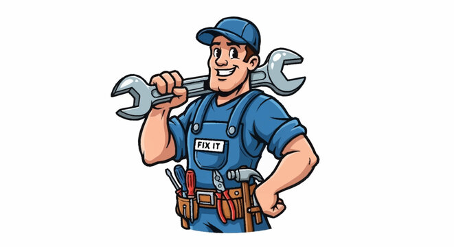Friendly handyman ready to assist with home repairs, smiling while holding a wrench and wearing his tool belt in a cartoon style illustration
