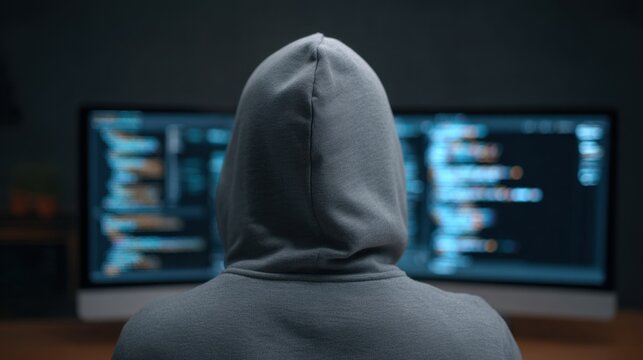 Individual in Gray Hoodie Working Intently on Computer Screens with Code Displayed in a Dark Tech Environment