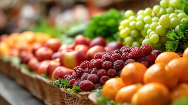 Greengrocer counter with fruits and veggies, thriving commerce in retail trade, market innovation through store displays, agricultural vitality in market variety, consumer trends i