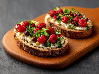 Open faced sandwiches with creamy cheese, fresh raspberries, cranberries, and herbs on rustic bread served on wooden board