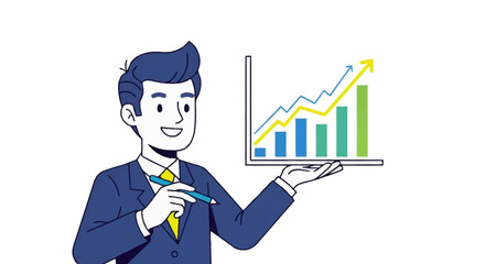 Dynamic businessman presenting positive growth charts for business strategy and investment success, driving revenue and achieving financial targets