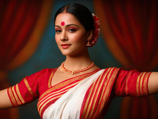 Elegant Indian woman in traditional red and white saree, adorned with jewelry, poses gracefully against vibrant backdrop