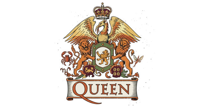 The iconic Queen band crest featuring a crown, phoenix, two lions, a shield, and the band's name on a banner, set against a white background.