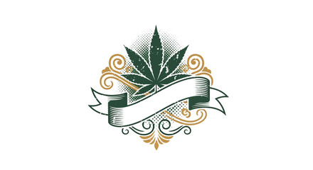 Obraz premium An ornate cannabis leaf emblem with a blank banner for text, set against a white background.