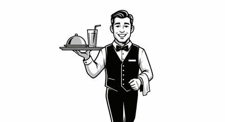 Charming waiter serving delicious meal and refreshing drink with a friendly smile, perfect for restaurant marketing and hospitality promotions