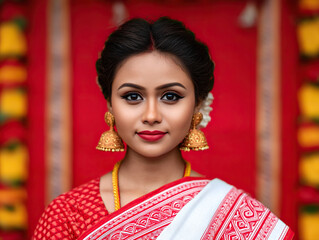 Woman wearing traditional attire with intricate patterns, gold jewelry, and vibrant red and white saree, exuding elegance