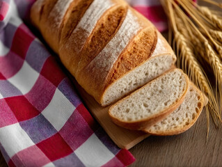 Rustic loaf of artisan bread with slices on wooden board, surrounded by wheat stalks and red checkered cloth