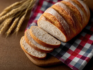 Rustic loaf of artisan bread sliced on wooden board with checkered cloth and wheat stalks in background