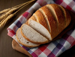 Rustic loaf of artisan bread with slices on wooden board, placed on checkered cloth, with wheat stalks in background