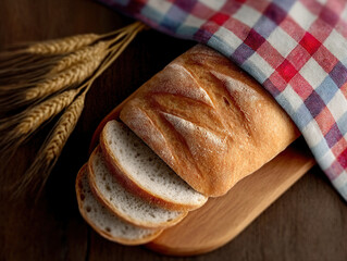 Rustic loaf of artisan bread sliced on wooden board with wheat stalks and checkered cloth, evoking warmth