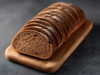 Loaf of dark rye bread sliced on wooden cutting board, showcasing its rich texture and rustic appeal