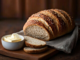 Freshly baked whole grain bread loaf with sesame seeds, sliced and served with butter on wooden board