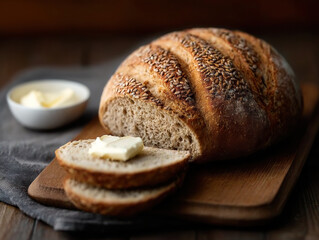 Freshly baked whole grain bread with flaxseed topping, sliced and served with butter on wooden board