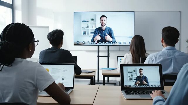 Students and their teacher communicating virtually during a class, displayed on a large screen and laptops in a bright classroom setting with clean lines, using modern technology, conveying a focused