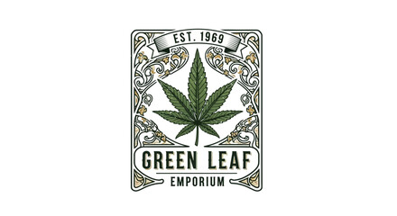 A vintage-inspired logo for 'Green Leaf Emporium' featuring a detailed cannabis leaf within an ornate frame.