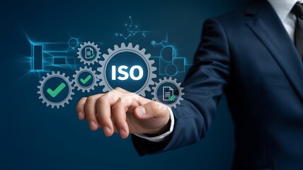 Business Professional Interacting with ISO Certification and Quality Assurance Symbols