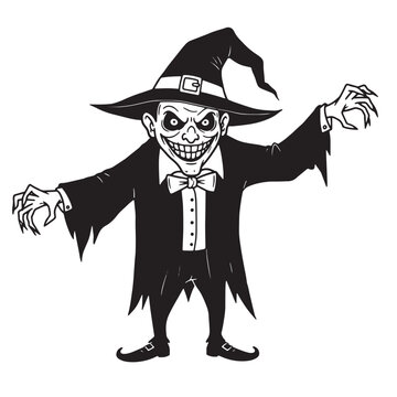 Scary cartoon monster in a witch hat and tattered cape