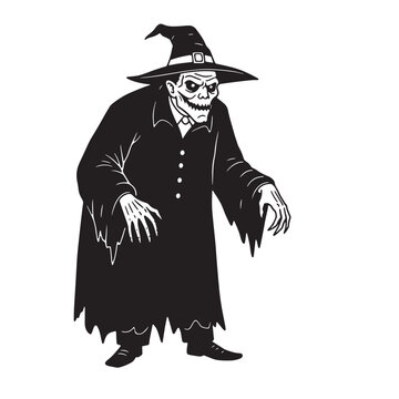 Scary skeleton in witch hat and tattered robe spooky