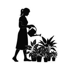 silhouette of a woman watering plants against a white background