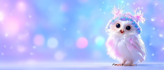 A small white owl wearing a pink and blue hat