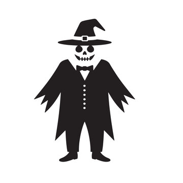 Silhouette of a skeleton in a suit and witch hat halloween