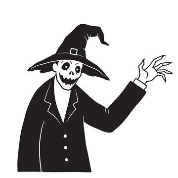 Skeleton character in a suit and witch hat raising a hand
