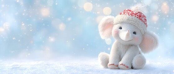 A white elephant with a red hat is sitting on the snow