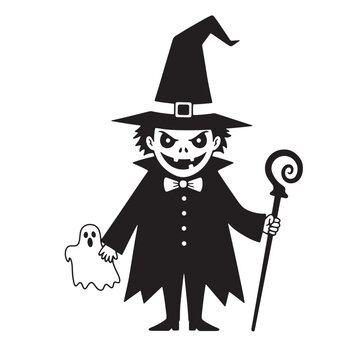 Spooky Halloween character with ghost and staff witch