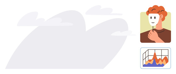 Red-haired individual holding a mask, clouds in the background, graph with data trends. Ideal for self-discovery, identity, analysis, psychology, decision-making creativity personal growth. Simple