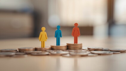 income equality concept, three figures of different colors stand on stacks of coins, representing the concept of financial disparities and equality