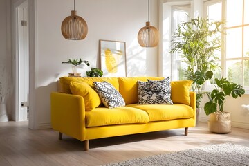Bright modern living room with yellow sofa and sunlight.