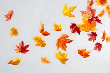 Colorful autumn maple leaves falling on white background.