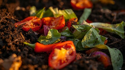 fresh food compost with tomatoes and salad remains, showcasing sustainable practices and recycling