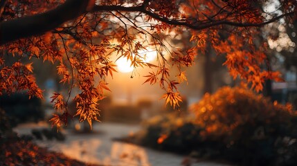 Golden autumn leaves glowing in sunlight during sunset in a park.