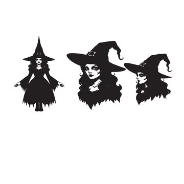 Three black silhouette witches with pointy hats halloween