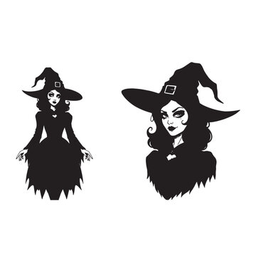 Two black silhouette witches with hats halloween magic