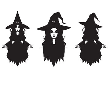 Three black silhouette witches with pointy hats halloween