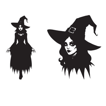 Two black silhouette witches, one full body, one bust