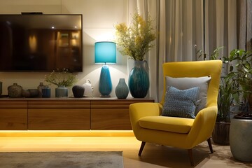 Cozy modern living room with warm lighting and yellow armchair.