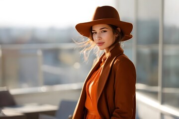 Stylish woman wearing hat and brown coat on city terrace.