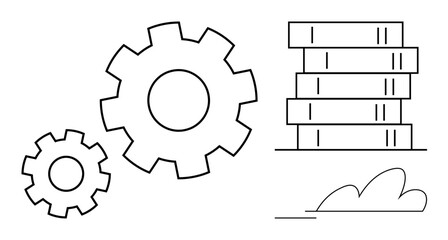 Gears signify automation and process efficiency stack symbolizes data storage. Ideal for industry, technology, teamwork, productivity, process innovation, digital storage, cloud applications. Simple